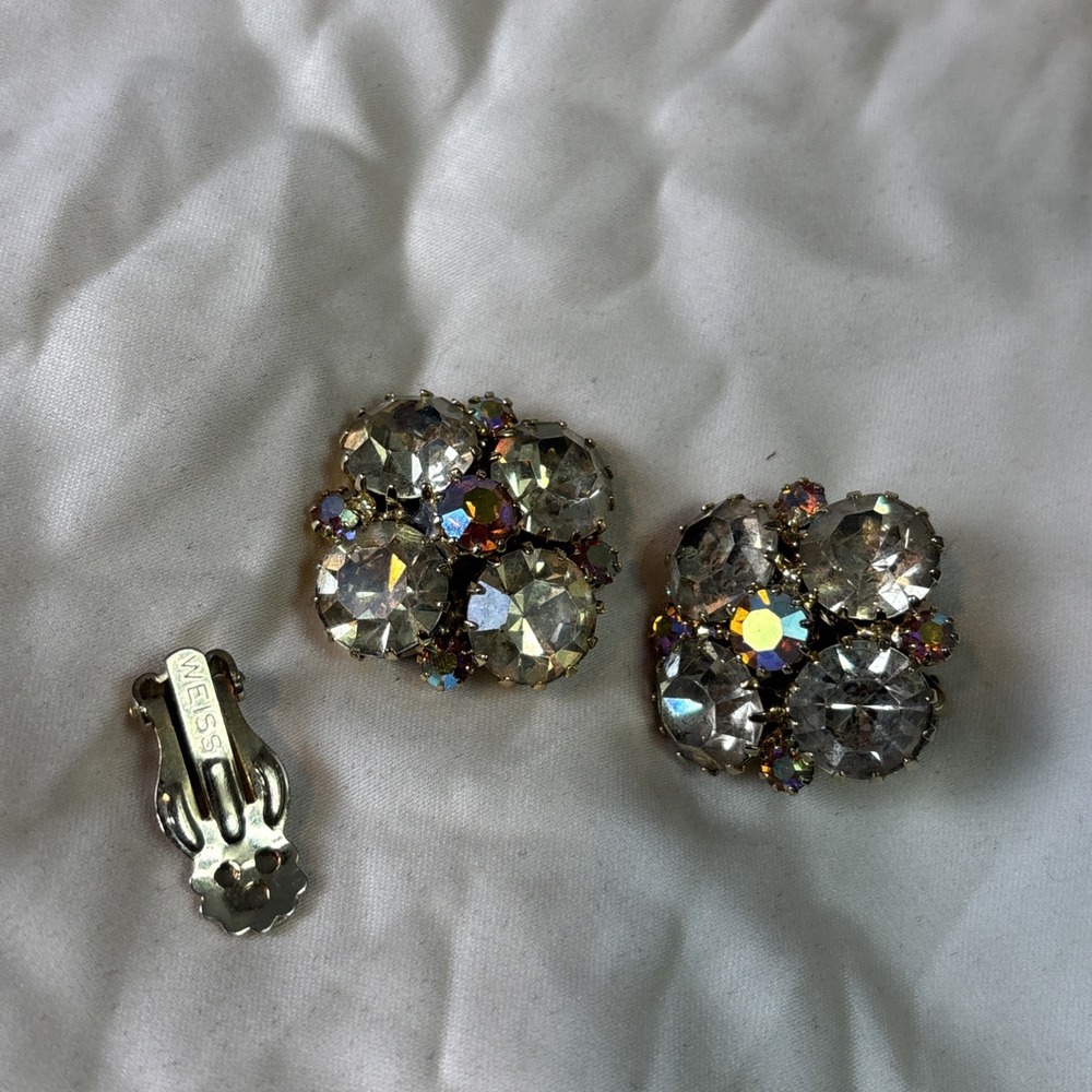 Vintage Weiss Gold Tone Rhinestone Clip Earrings 80s Maximalist Repaired